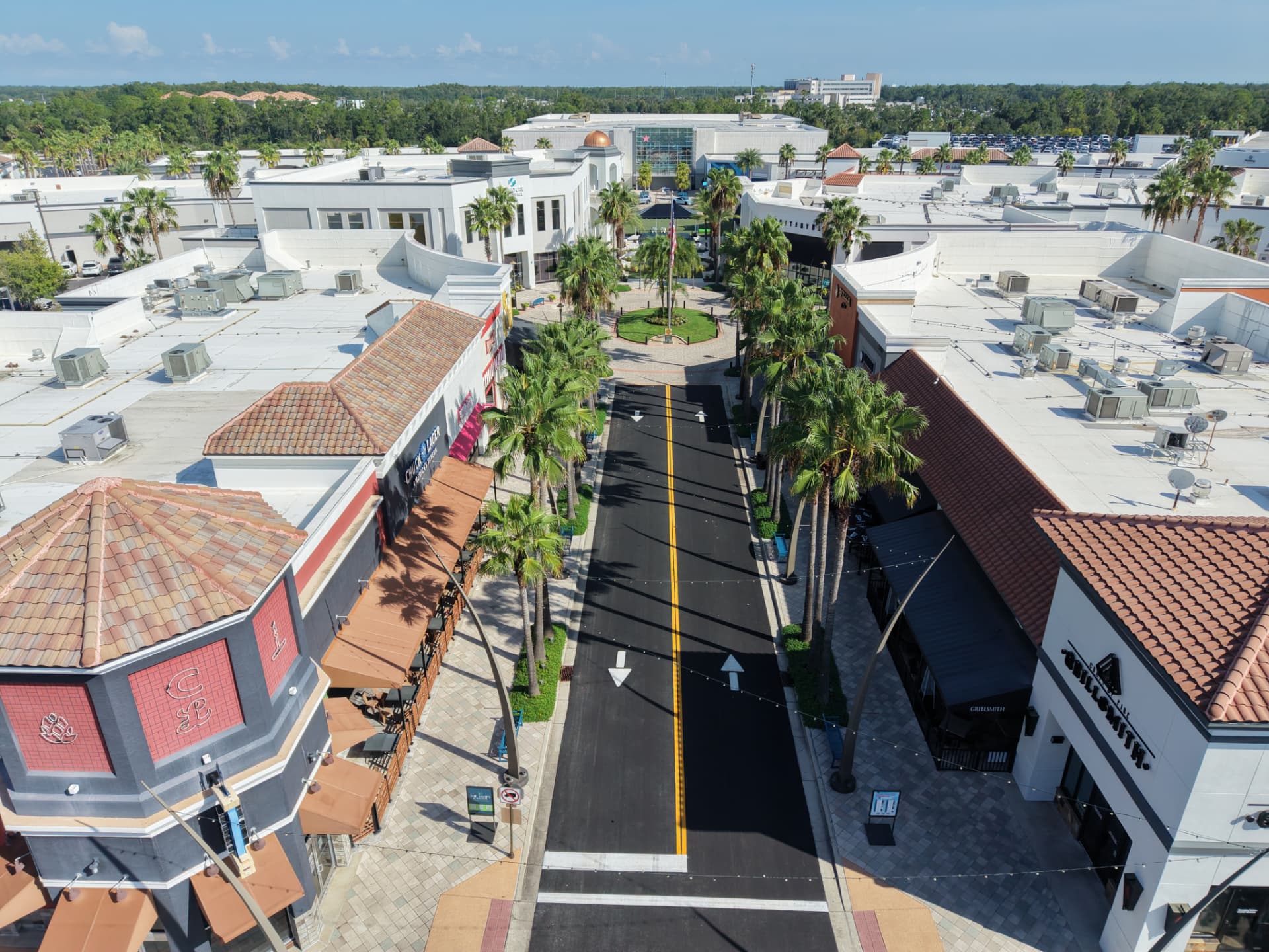 Aerial view of The Shops at Wiregrass main street in Wesley Chapel, Florida.