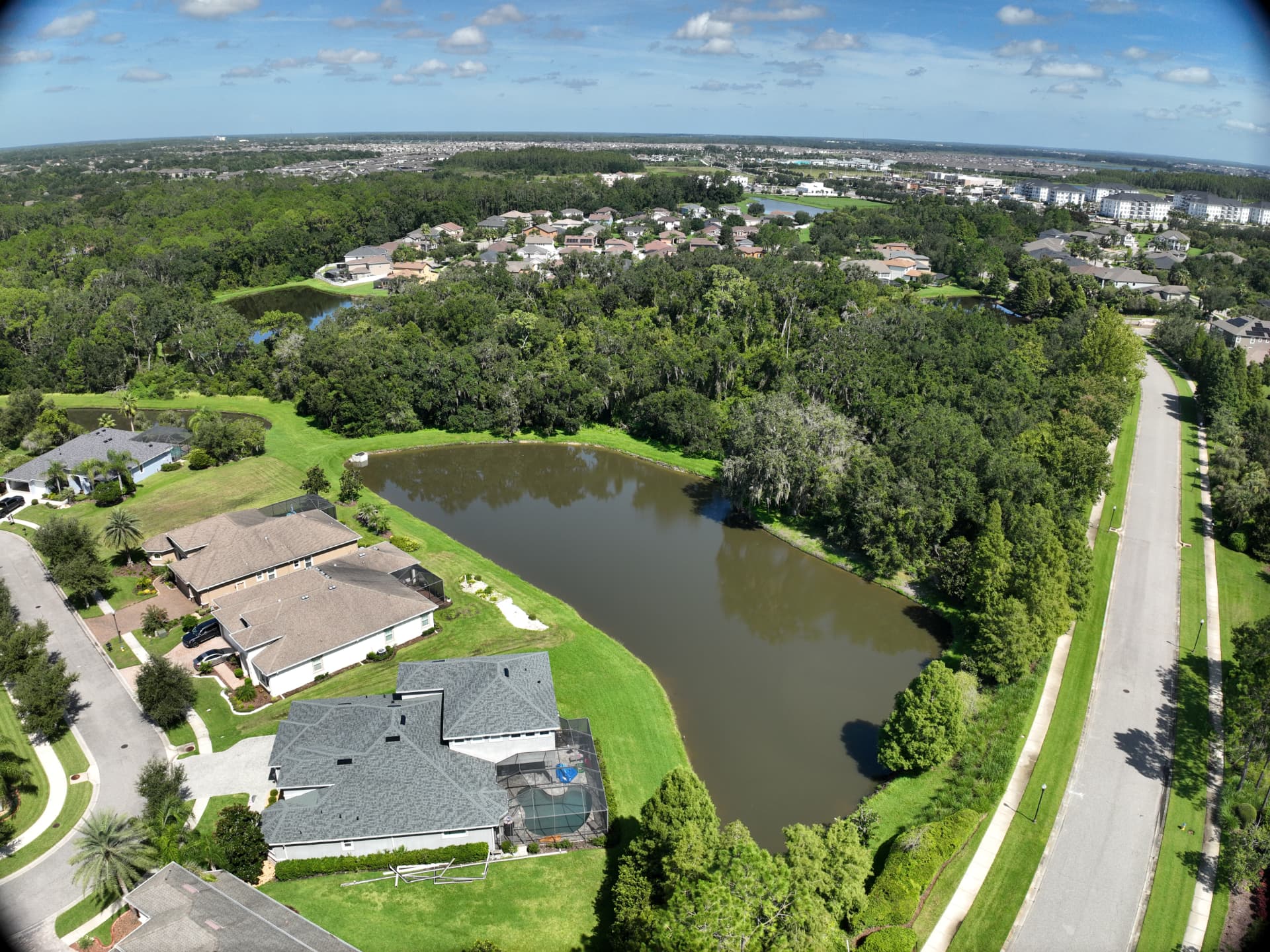 Aerial view of single-family homes around neighborhood ponds in Wesley Chapel, Florida