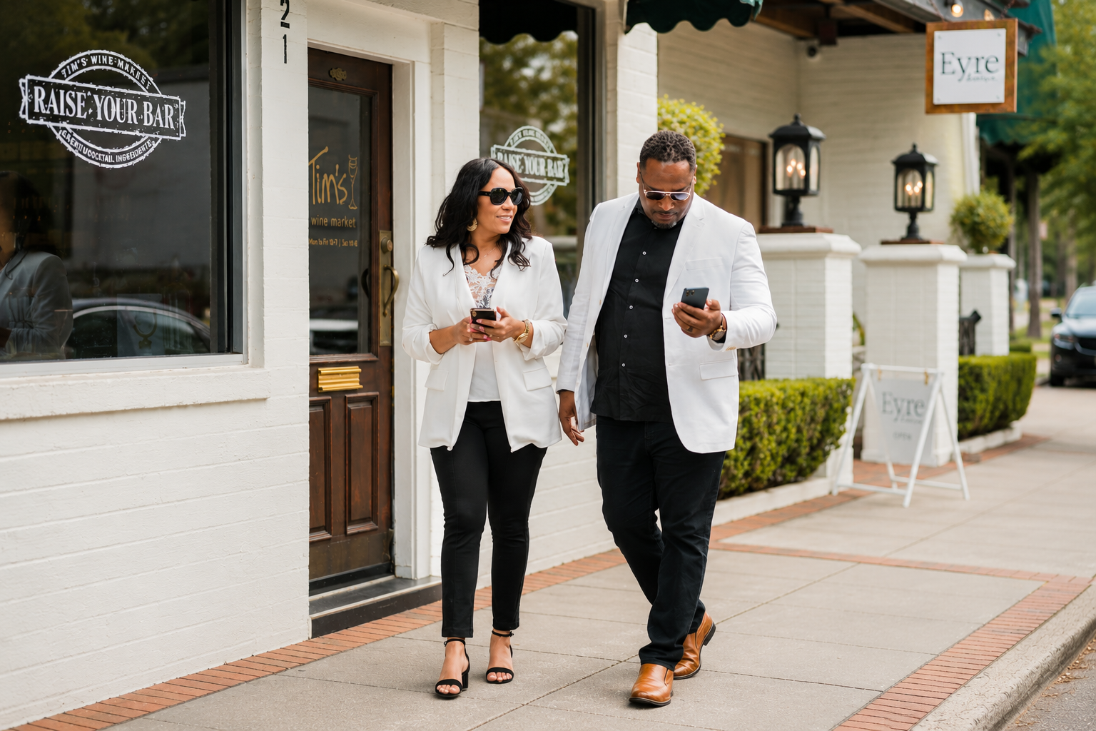 Jevon and Cindy Williams walking a downtown streetscape