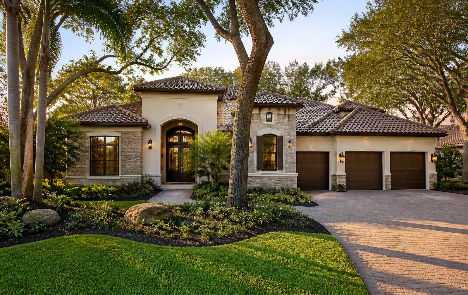 An established Wesley Chapel–style home with a tile roof, stone facade and mature oaks in late-afternoon light