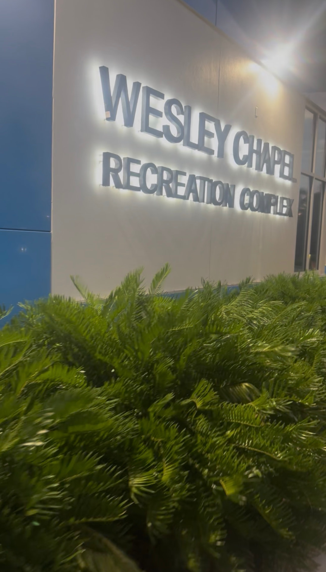 Illuminated Wesley Chapel Recreation Complex signage on the building exterior at dusk, framed by greenery