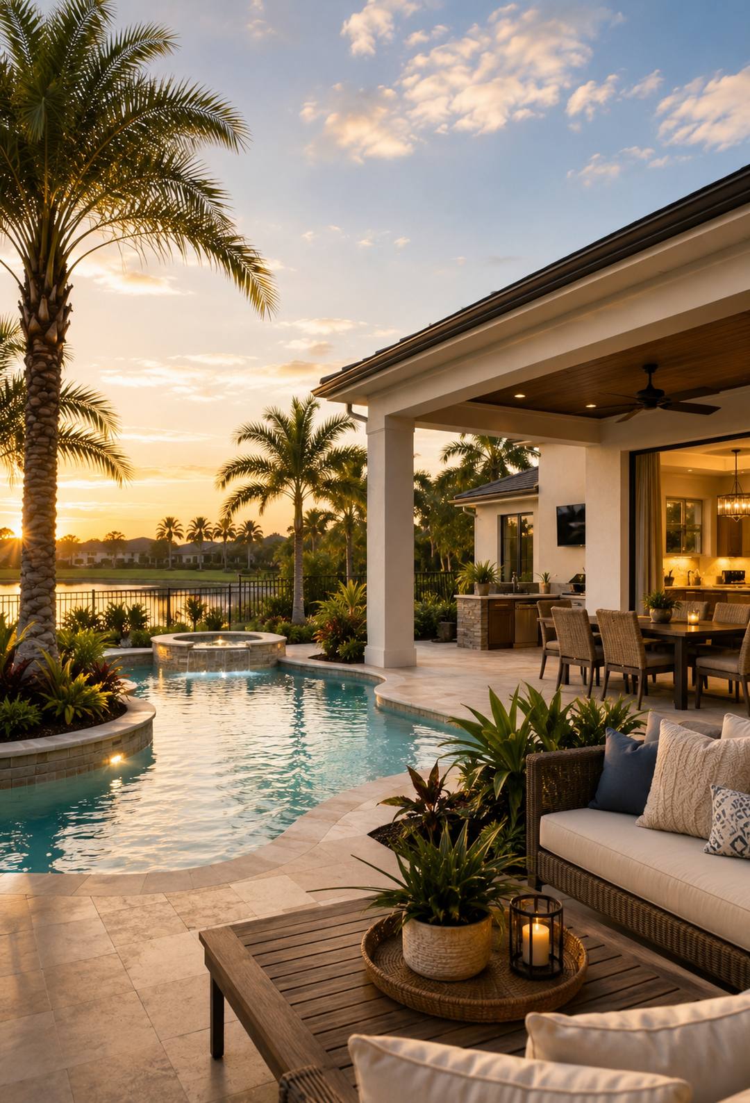 Florida backyard with a pool, covered lanai and palm trees at golden hour — the everyday outdoor lifestyle of Wesley Chapel