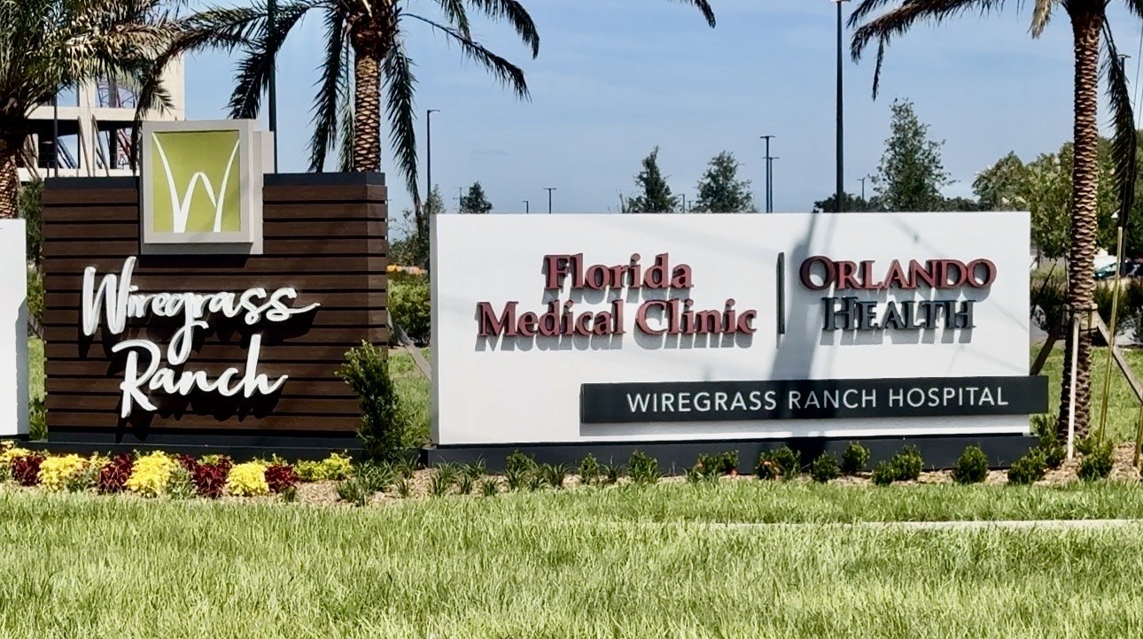 Florida Medical Clinic Orlando Health Wiregrass Ranch Hospital entrance sign in Wesley Chapel, Florida