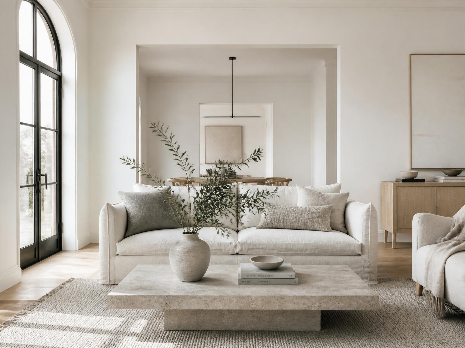 Honey & Hems signature interior — a sunlit modern organic living room with white oak beams, arched windows, plaster walls, and a tall olive tree.