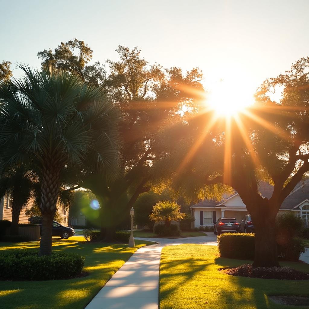 A quiet, tree-lined Wesley Chapel neighborhood at golden hour