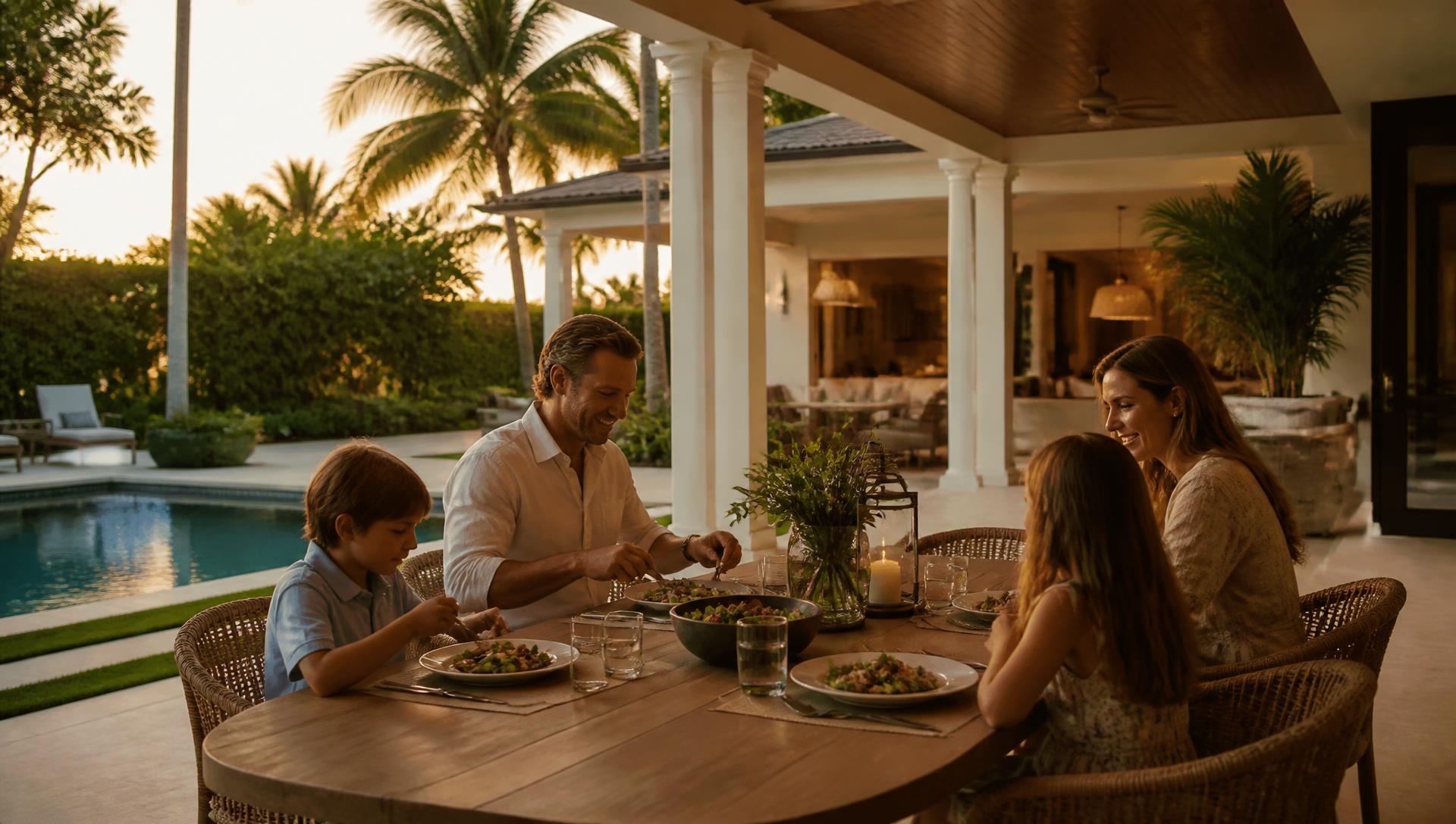 A family having dinner together on a covered lanai beside a pool in the warm evening light of a Wesley Chapel, Florida home