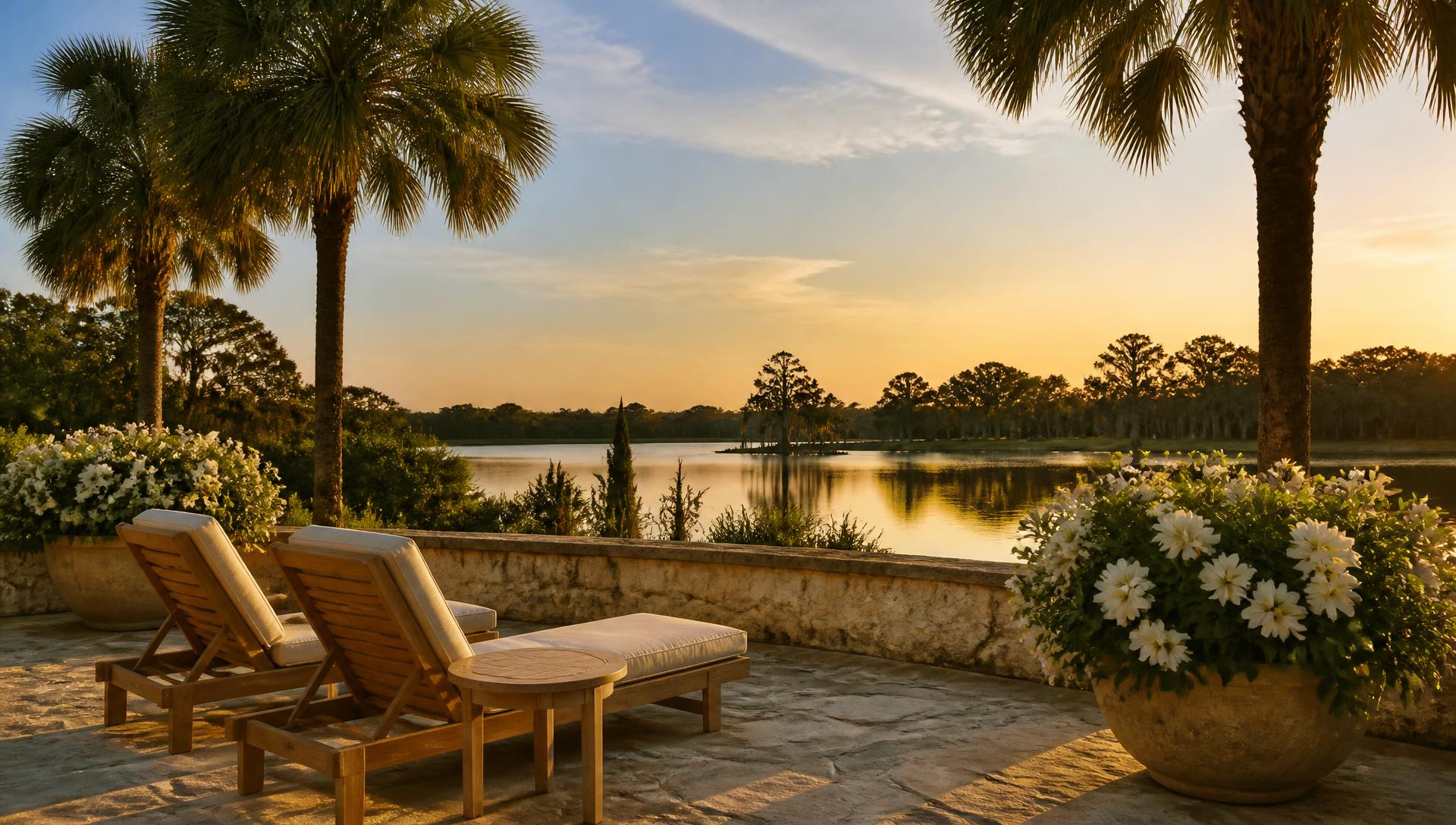 A lakeside stone terrace at sunset with teak loungers, white flowering planters, sabal palms and a cypress preserve across the water.