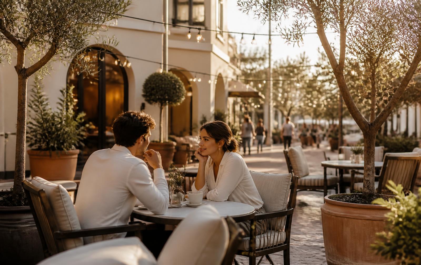 A couple lingering over coffee at a charming outdoor café patio in a Wesley Chapel town center at golden hour.