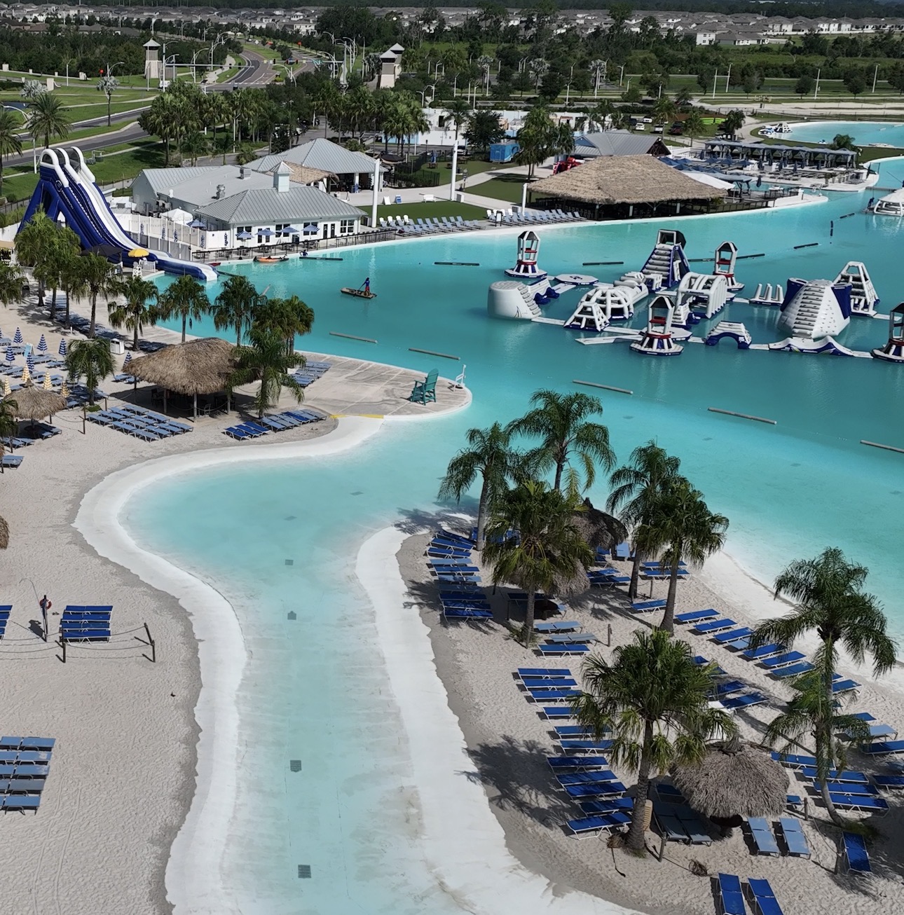 Epperson Lagoon in Wesley Chapel, Florida, with turquoise water, sandy beach and water attractions