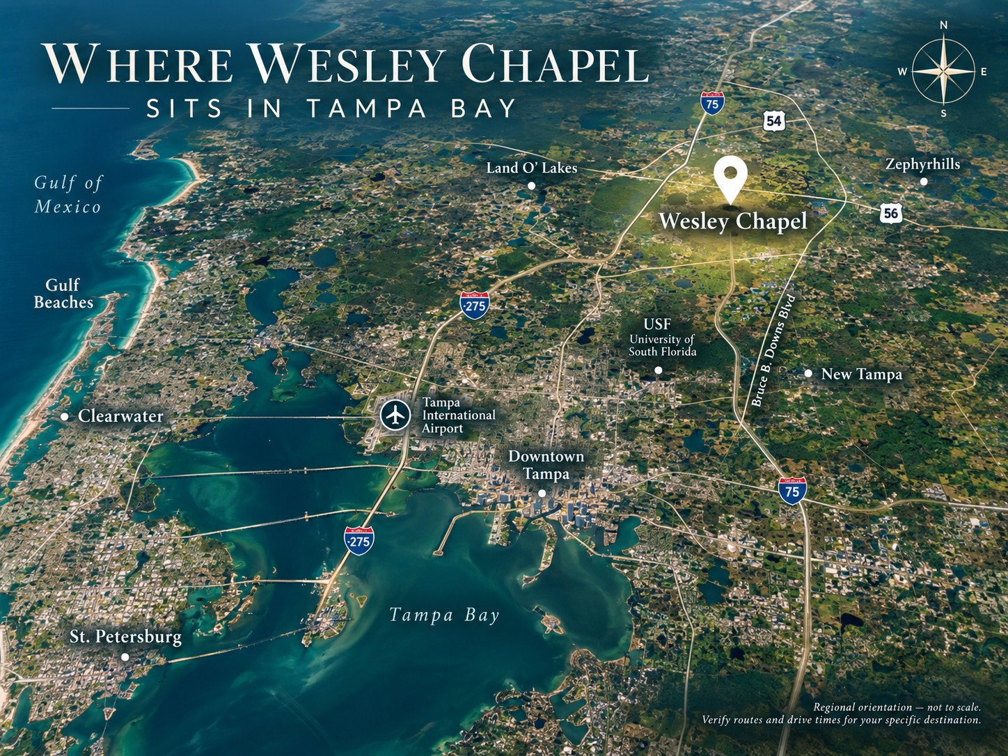 Regional map showing Wesley Chapel's location northeast of Tampa in the greater Tampa Bay area, including I-75, Downtown Tampa, Tampa International Airport, USF, Land O' Lakes, Zephyrhills and Gulf beaches.