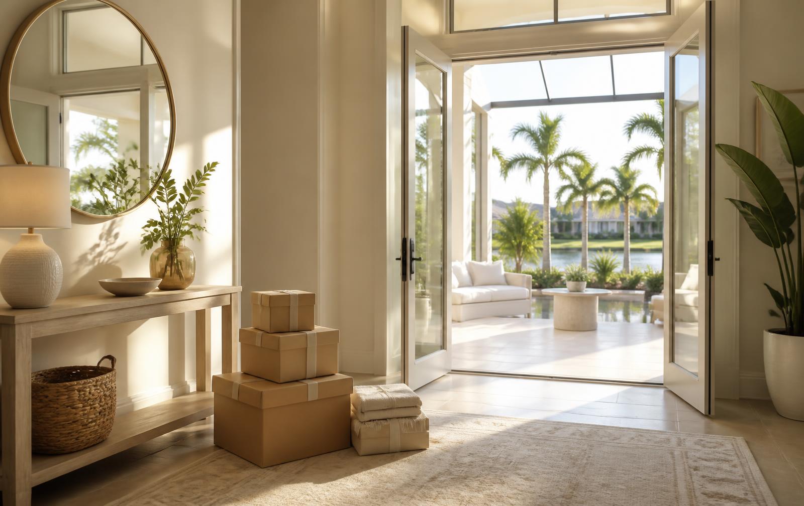Sunlit entry of a contemporary Wesley Chapel home with neatly stacked moving boxes, open doors to a screened lanai and palms beyond