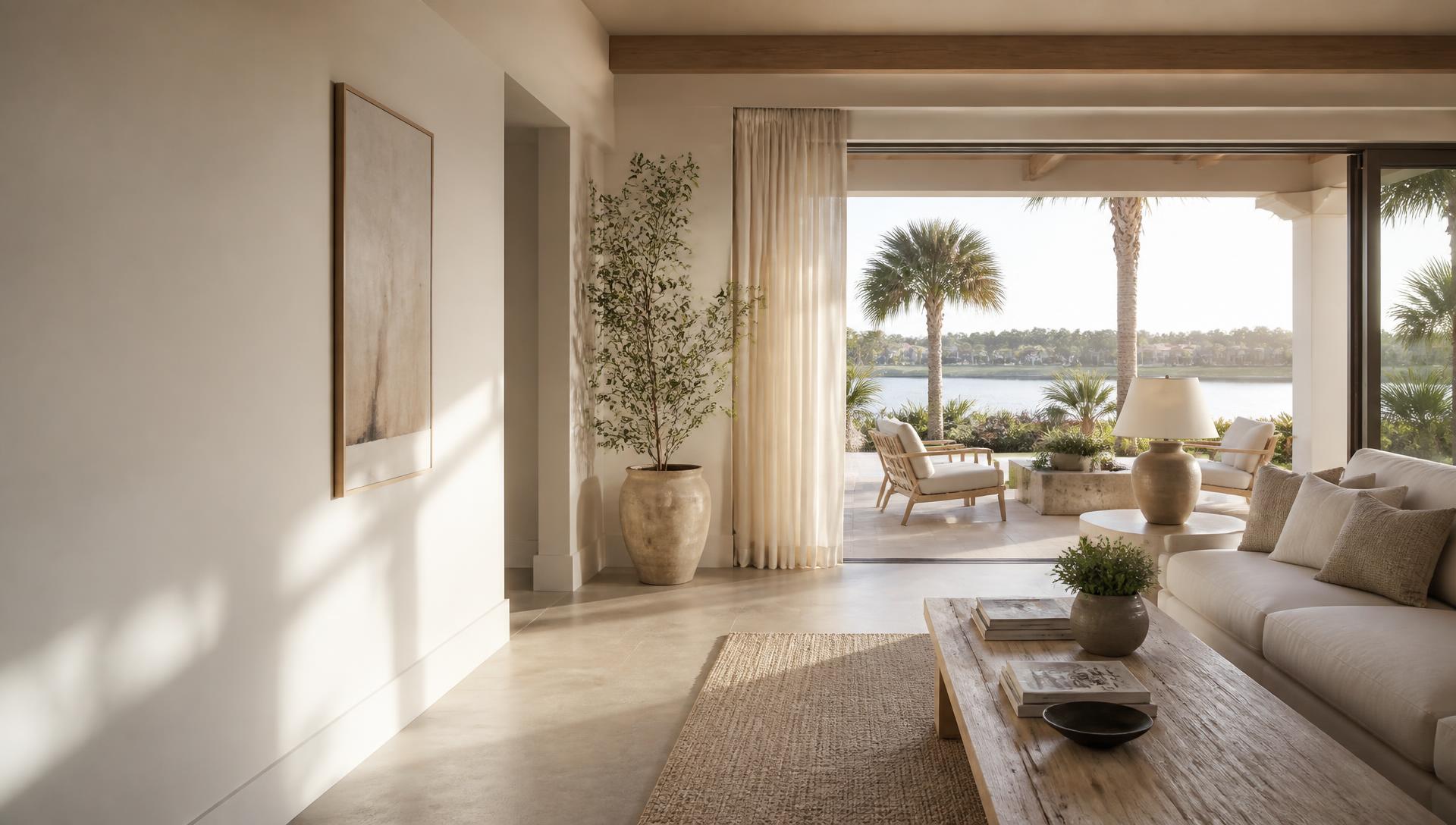 A sunlit Wesley Chapel living space opening onto a lanai and lake