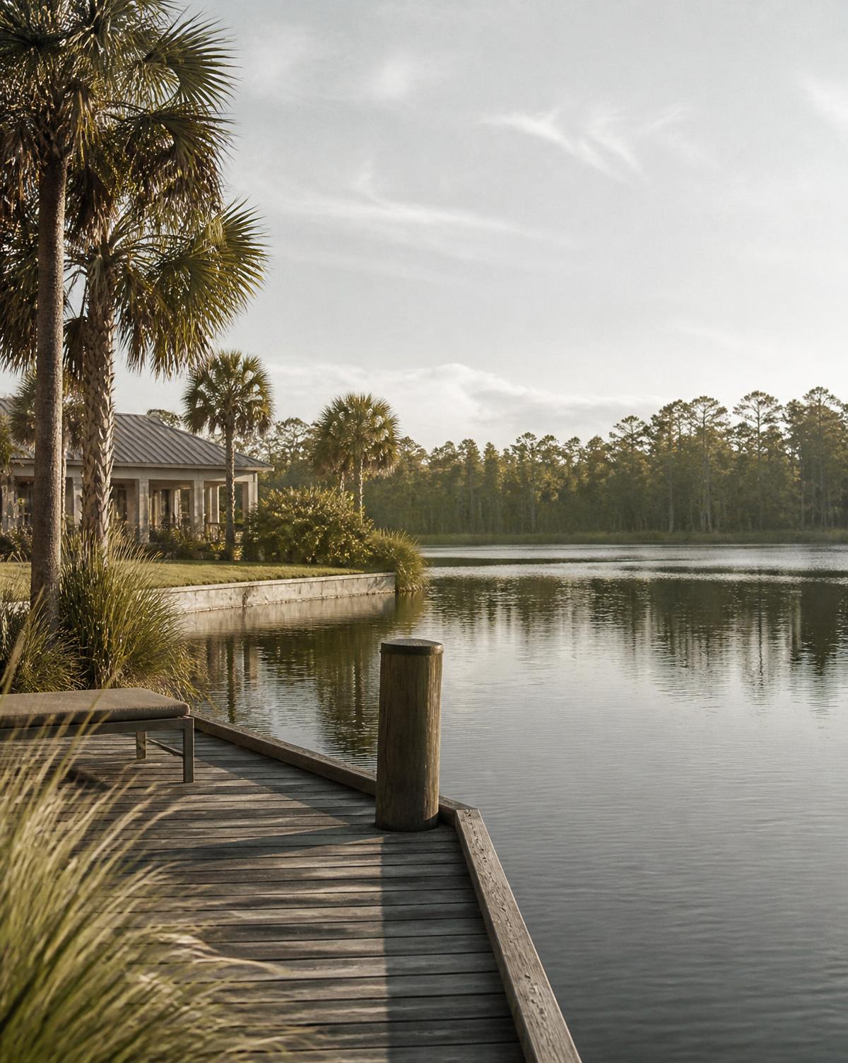A wooden dock at the edge of a calm community lake with palms and a cypress shoreline beyond.