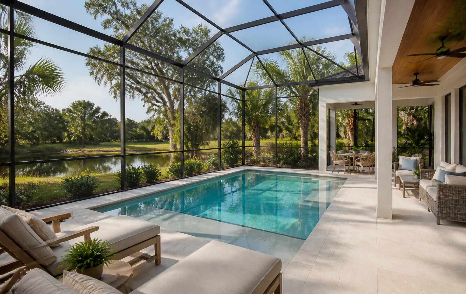 A bright screened lanai and pool overlooking a pond and conservation preserve at a Florida home