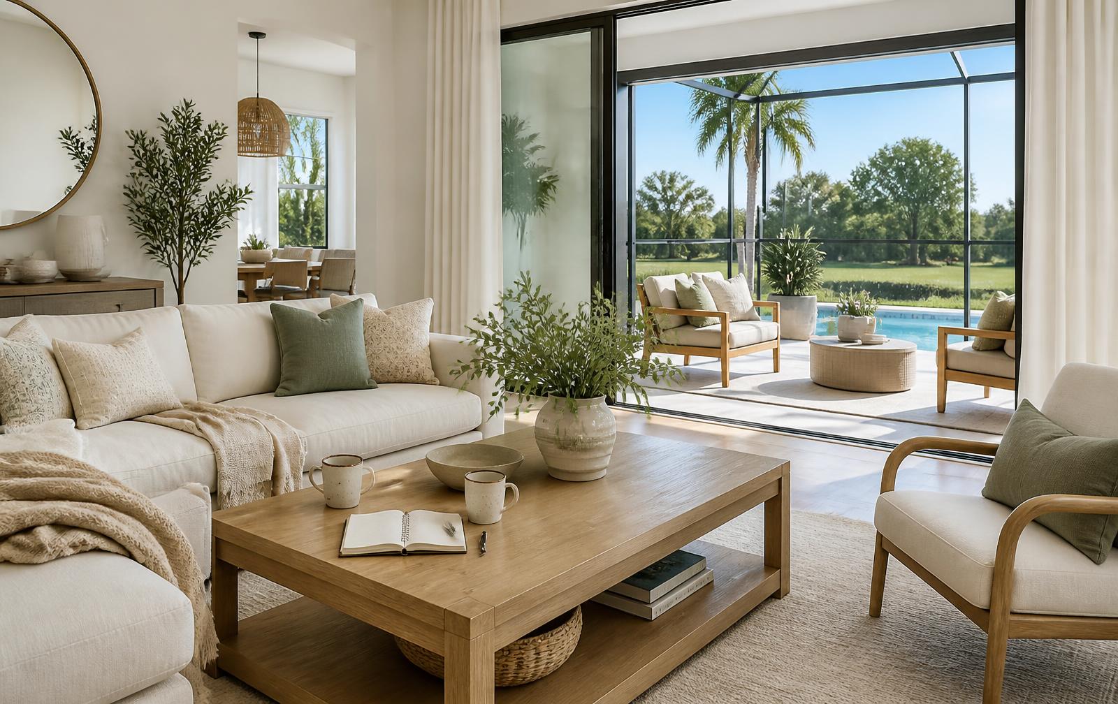 A bright contemporary Florida living room opening onto a screened lanai and pool, with morning light and a notebook on the coffee table