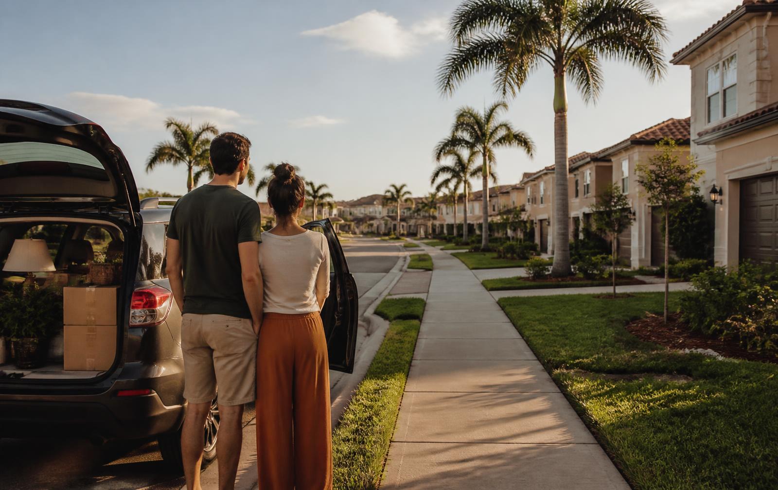 A couple standing beside a packed car on a palm-lined street in a newer Wesley Chapel-area master-planned community at golden hour.
