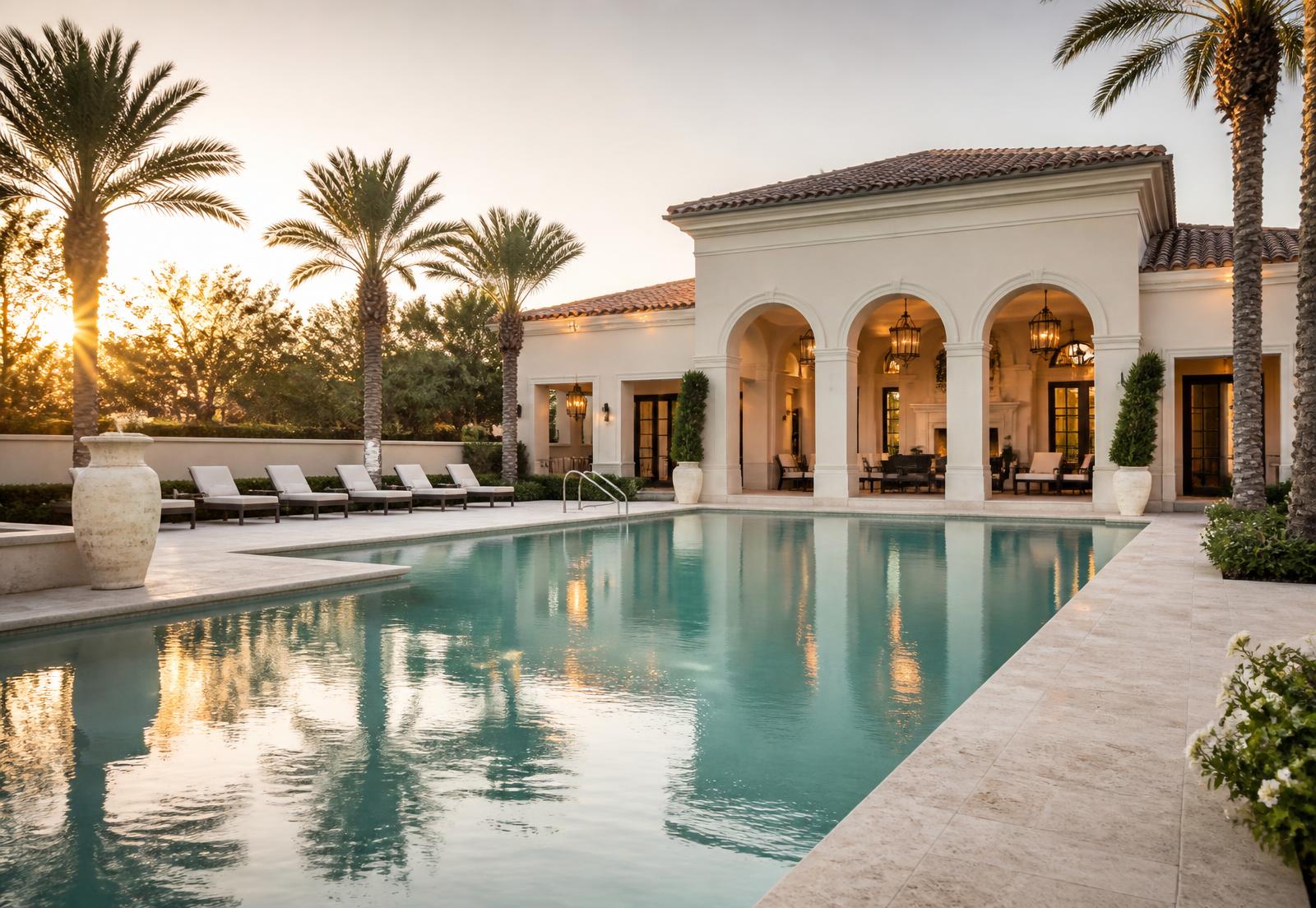Resort-style community pool at golden hour
