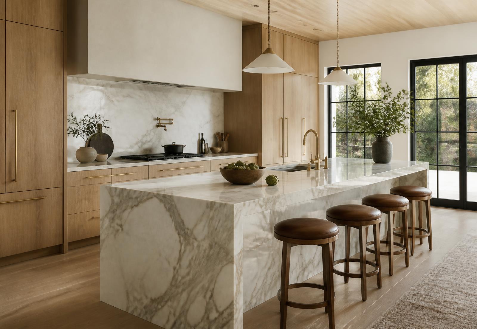 Modern organic luxury kitchen with white oak cabinetry and a marble island
