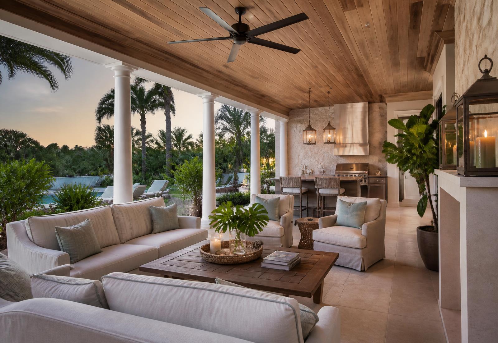 Covered outdoor living area with wood ceiling and linen furnishings