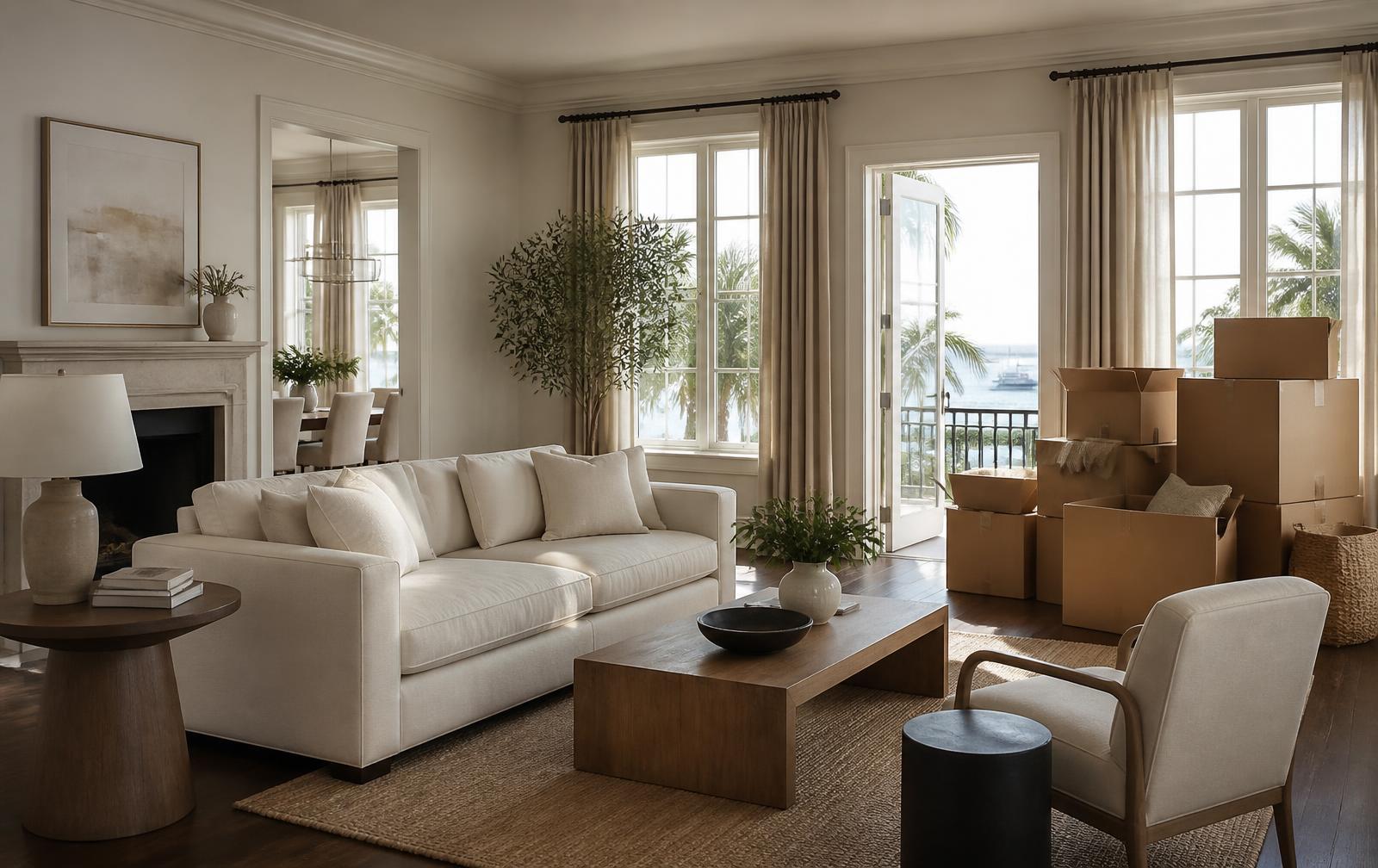 A bright, calm Florida living room with neatly stacked moving boxes in the corner and morning light through tall windows