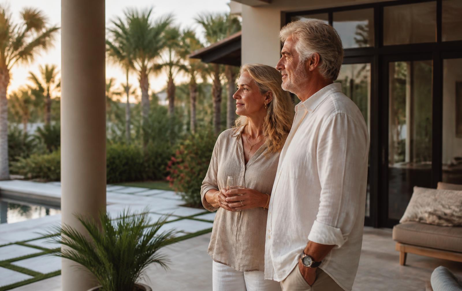 A couple on the covered lanai of a Wesley Chapel-area home at golden hour, looking out over a landscaped courtyard.