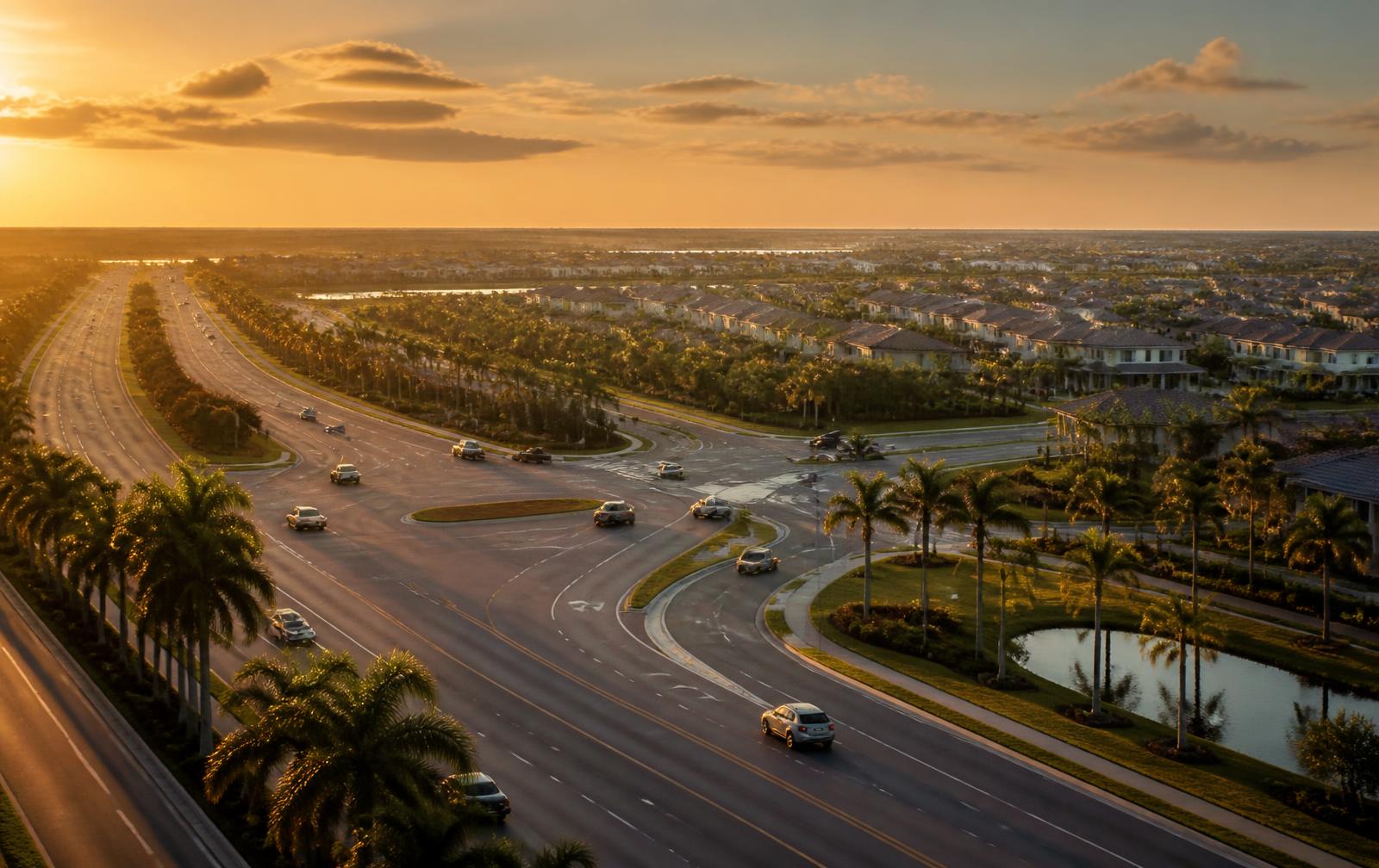 Late-afternoon view of a wide Wesley Chapel-area boulevard and interstate corridor with palm-lined medians and master-planned neighborhoods in the distance