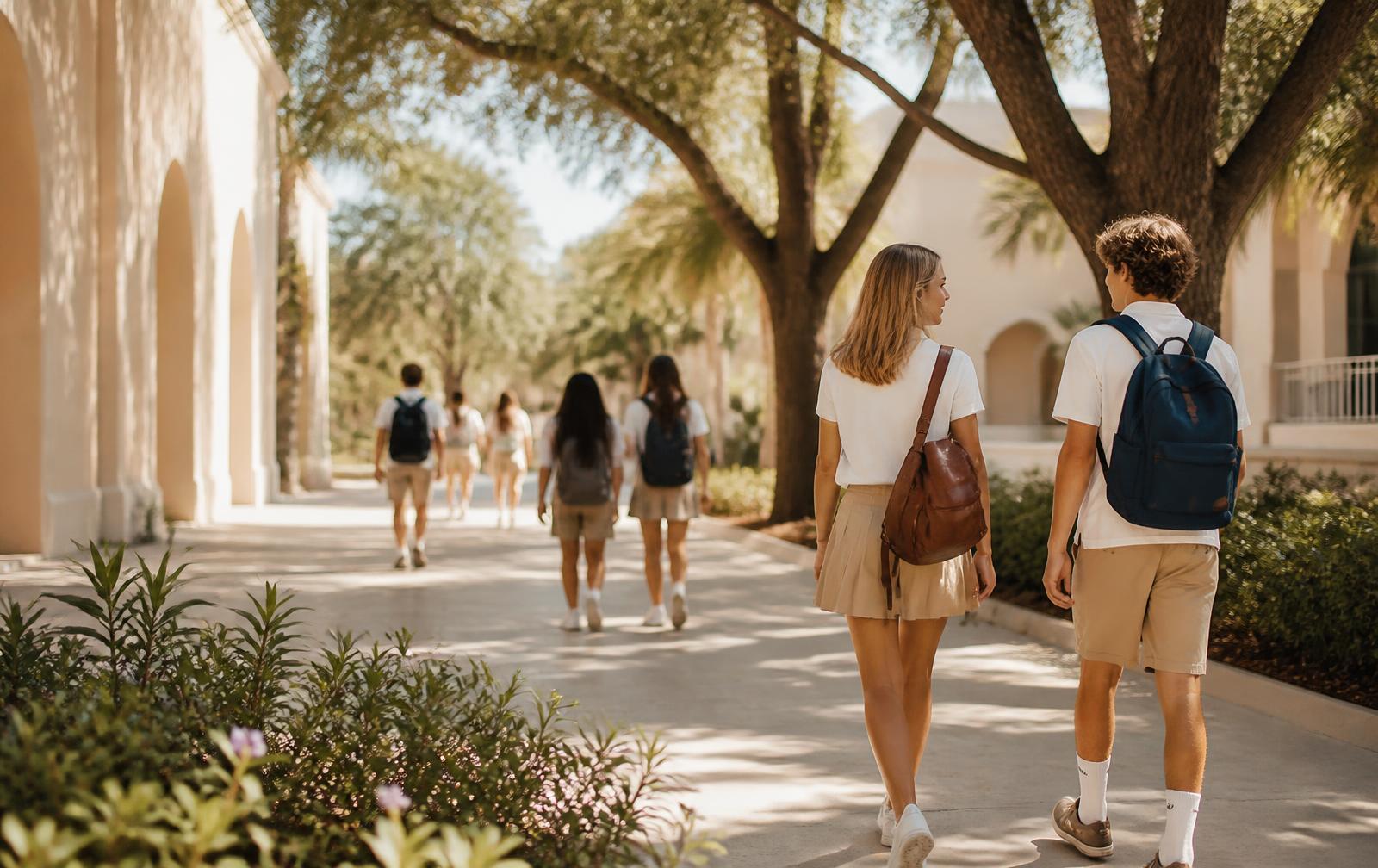 Students walking a shaded campus walkway on a sunlit morning